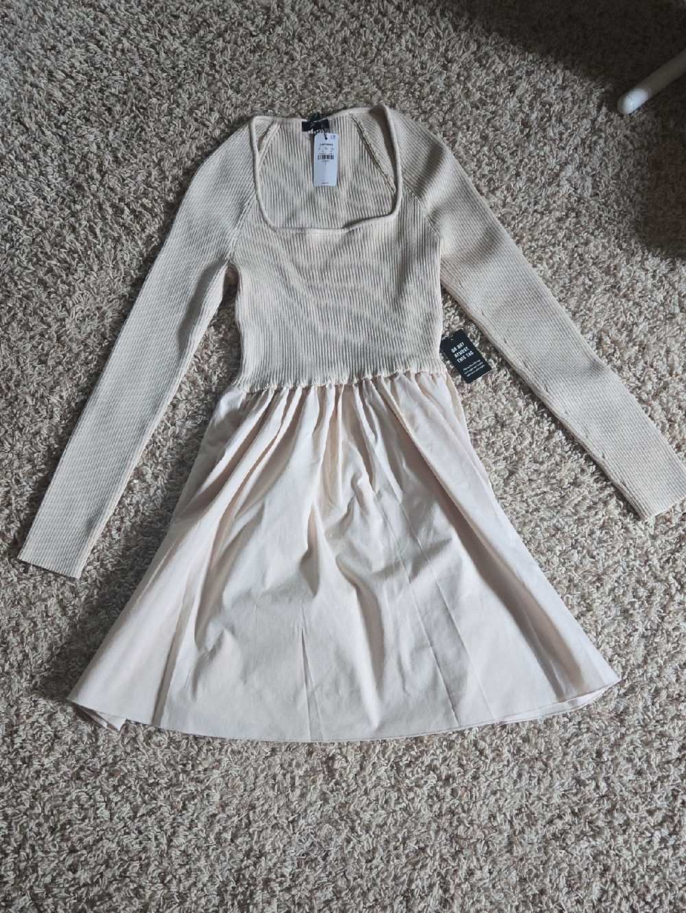Express Cream Ribbed Knit Square Neck Top-Dress